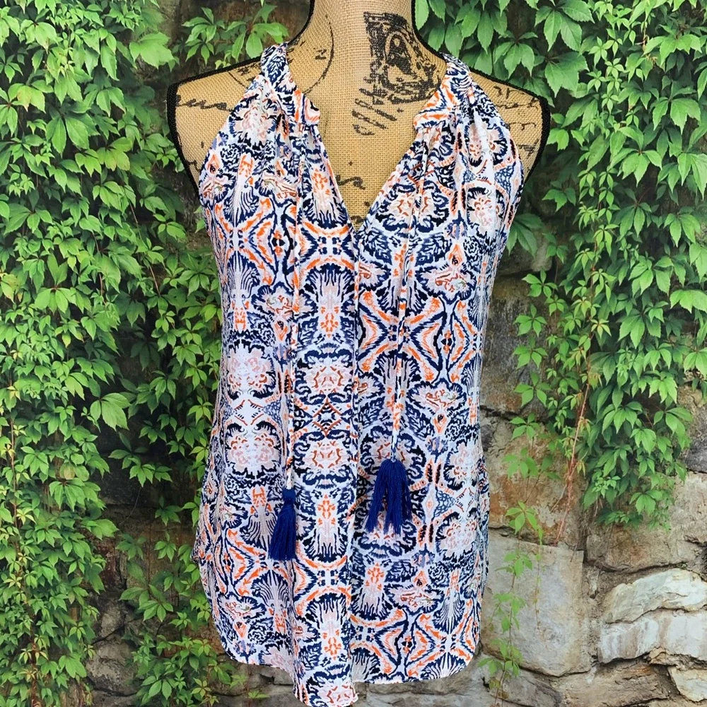 C & E Damask Print Tasseled Tank, S